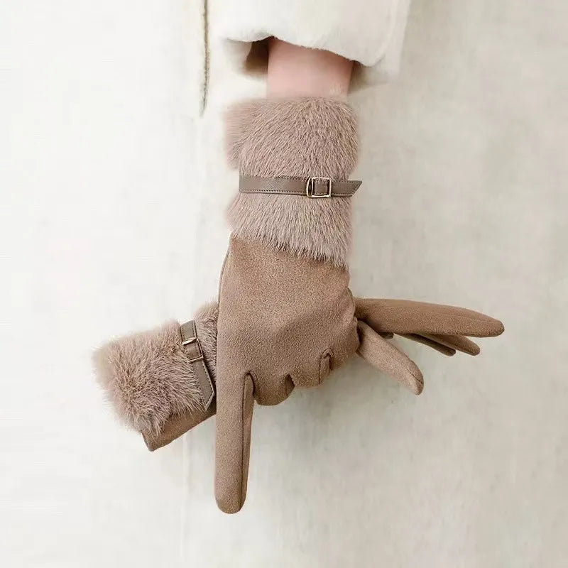Warm Outdoor Suede Gloves Women's Winter Fashionable Windproof Cold-resistant Faux Fur Edged Gloves Bulk Shipping Available