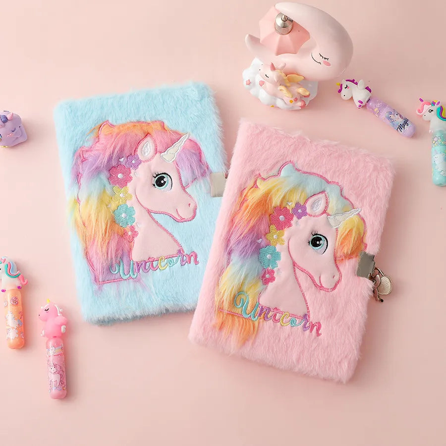 Cute  A5 Cartoon Plush Notebook With Lock Children's Diary Book Girl's Scrapbooking Notebook Pink Purple Tie Dye