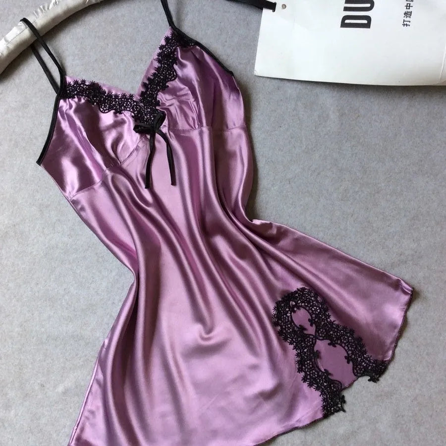 Summer silk-like Ladies sling nightgown sexy V-neck spinning satin pajamas home clothes wholesale agent