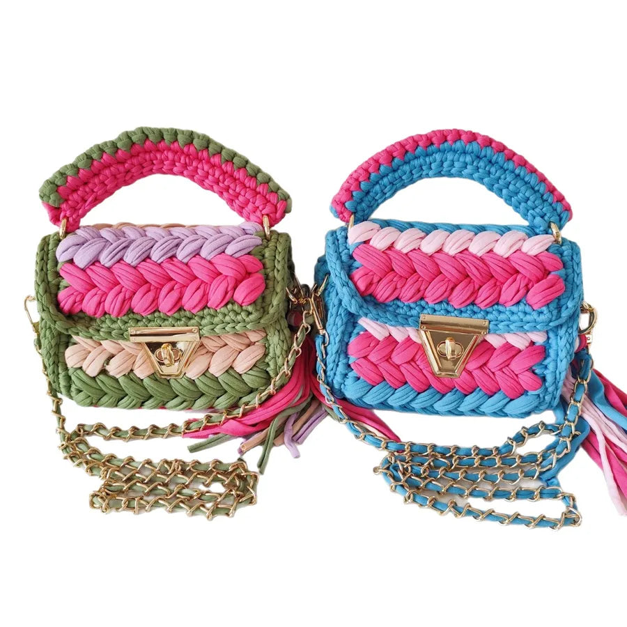 New Handmade Woven Color Contrast Patchwork Color Chain Tassel Handbag Messenger Bag
