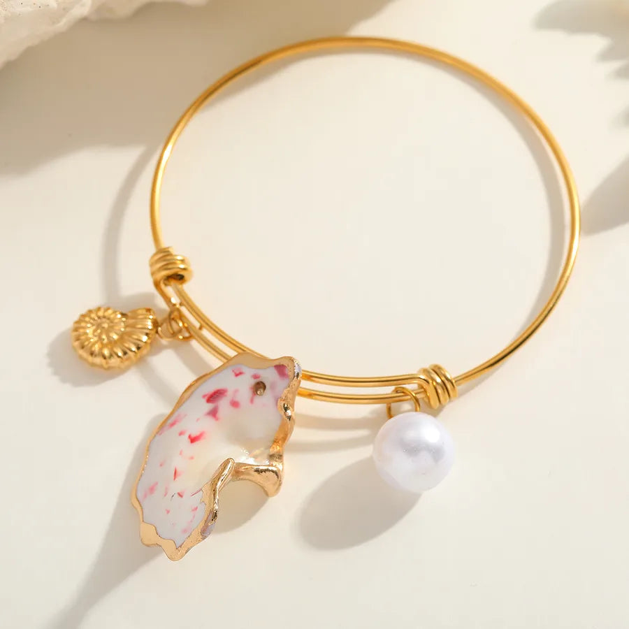 Cute Romantic Marine Style Irregular Geometric Conch 304 Stainless Steel 18K Gold Plated Imitation Pearl Bangle In Bulk