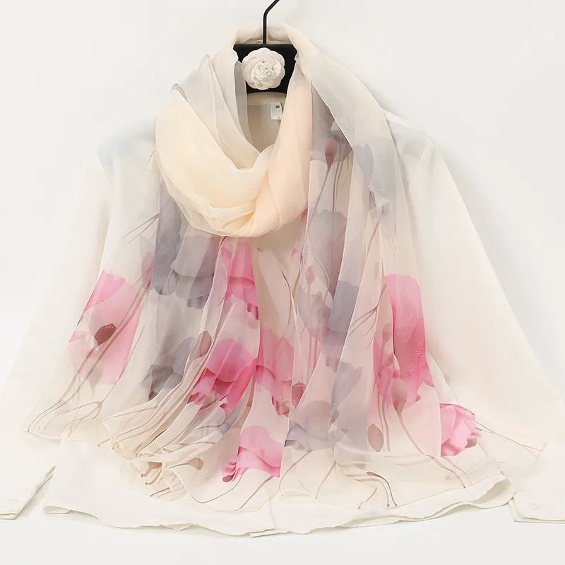 women's elegant lady color block high quality yarn printing silk scarf