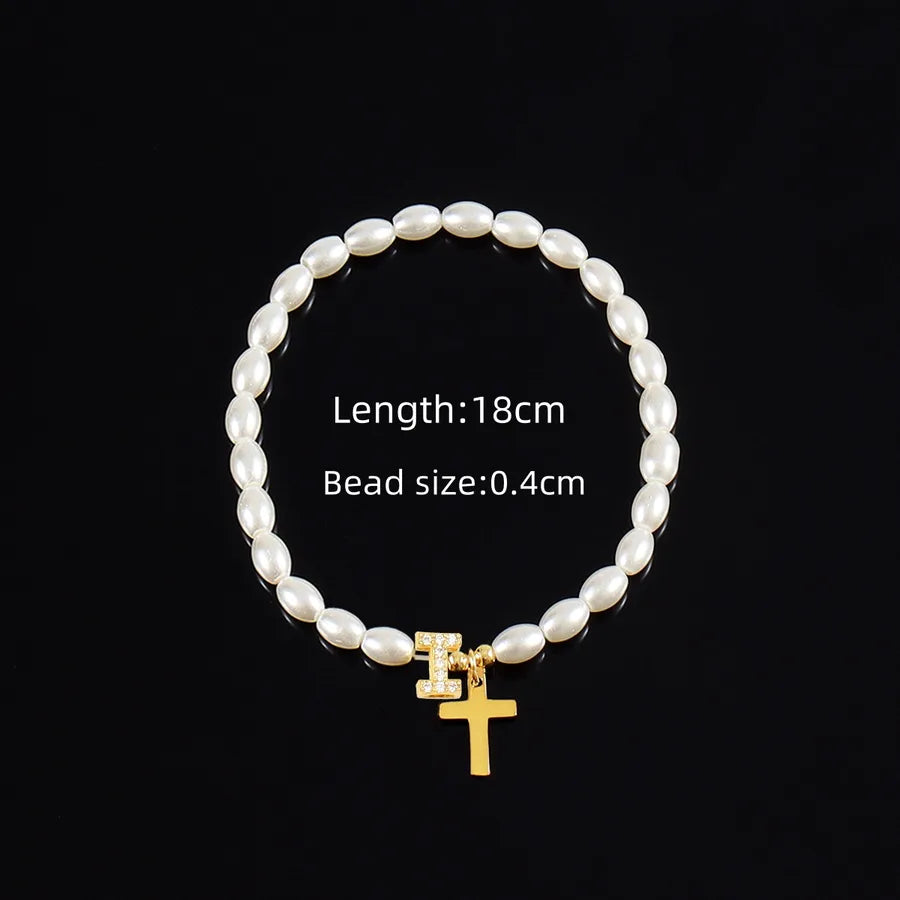Simple Style Cross Letter 304 Stainless Steel Artificial Pearl Copper Beaded Chain Bracelets In Bulk