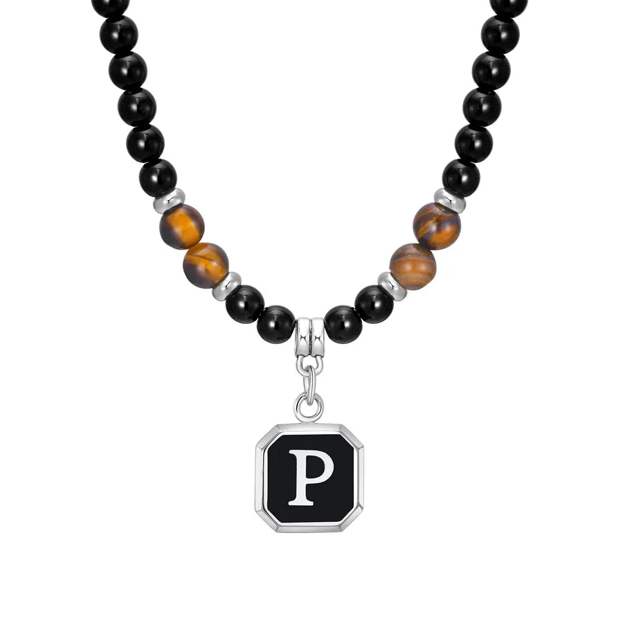 Simple Style Letter 304 Stainless Steel Arylic Tiger Eye Beaded Handmade Inlay Tiger Eye Men's Pendant Necklace