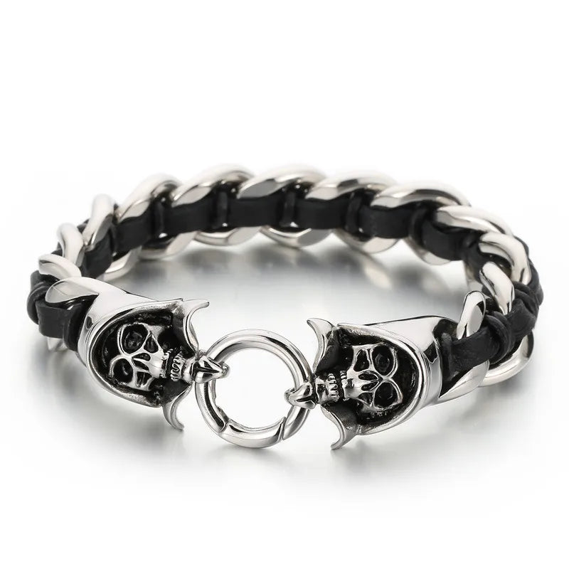 Retro Skull Cowhide Titanium Steel 18K Gold Plated Halloween Men'S Bracelets