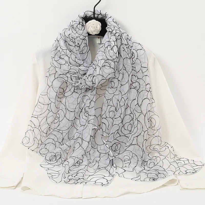 women's elegant lady color block high quality yarn printing silk scarf