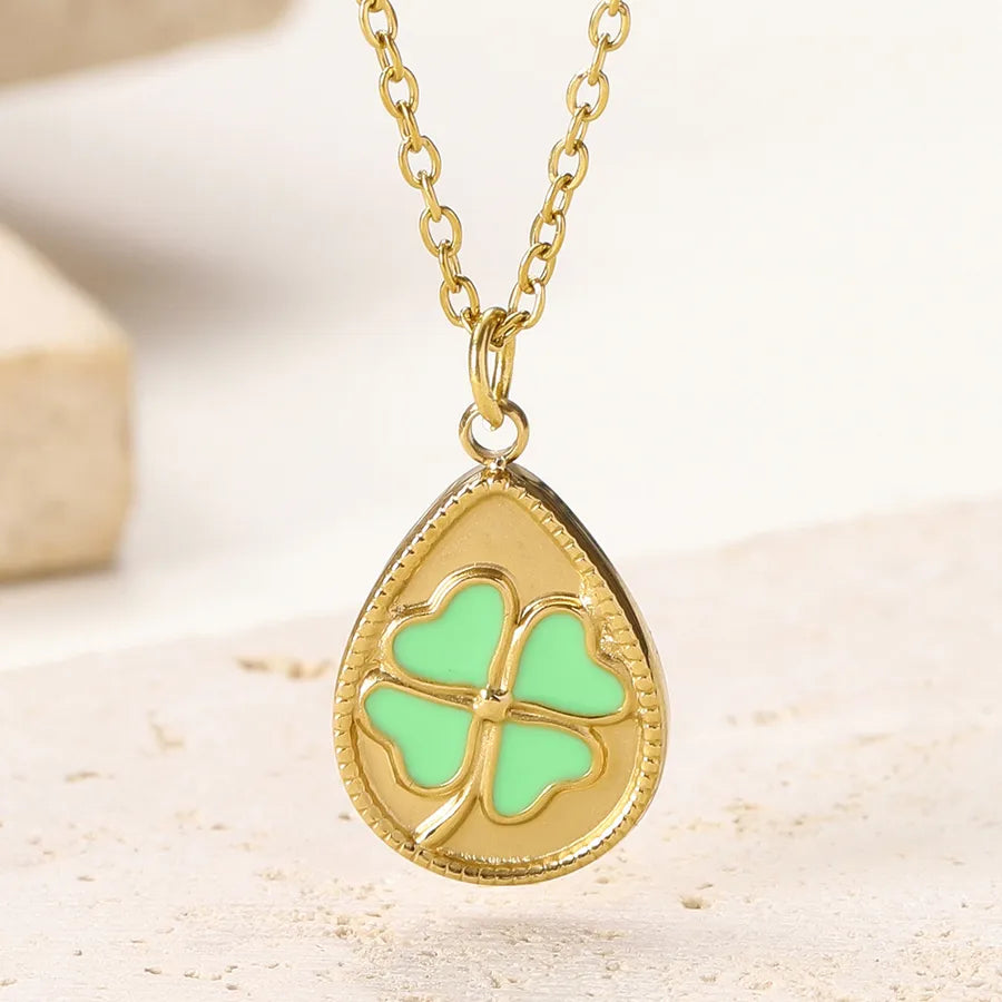 14K Gold Plated Titanium Steel Four Leaf Clover Lucky Pendant Necklace Women's Fashion Stainless Steel Jewelry Waterdrop Shape