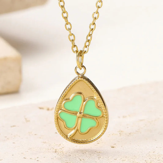 14K Gold Plated Titanium Steel Four Leaf Clover Lucky Pendant Necklace Women's Fashion Stainless Steel Jewelry Waterdrop Shape