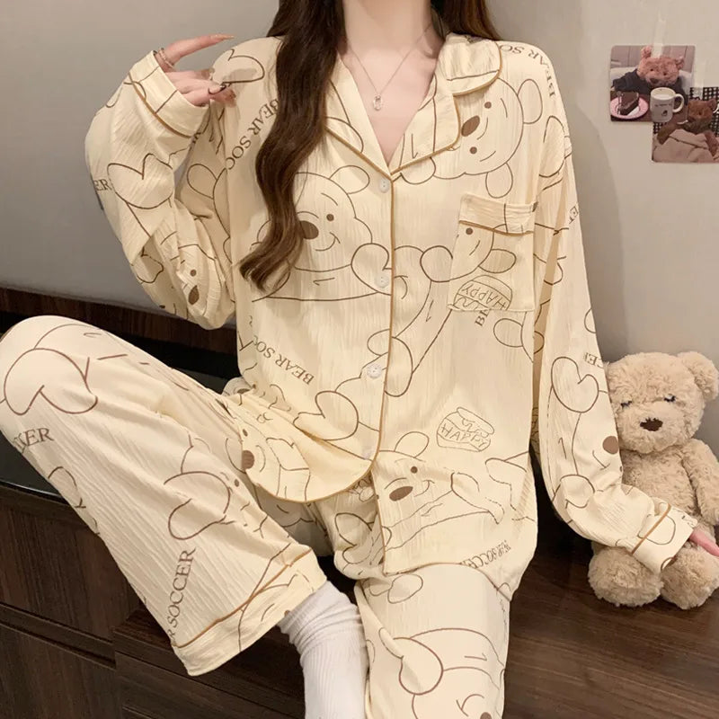 Spring Edition Pleated Fabric Sleepwear Long Sleeve Home Clothes Set For Women Sweet Cute Style Casual Breathable Polyester Milk Silk