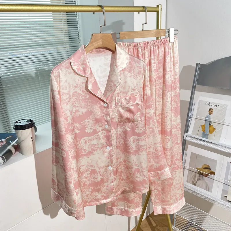 Pure Color Lace Splice Smooth Ice Silk Sleepwear Set Women Long Sleeve Long Pants Two Piece Set High-End Sensation Home Clothes
