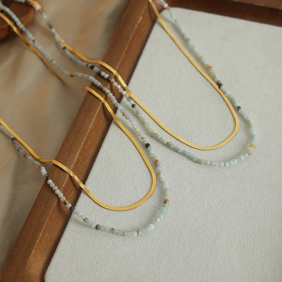 elegant simple style geometric natural stone titanium steel beaded plating 18k gold plated double layer necklaces