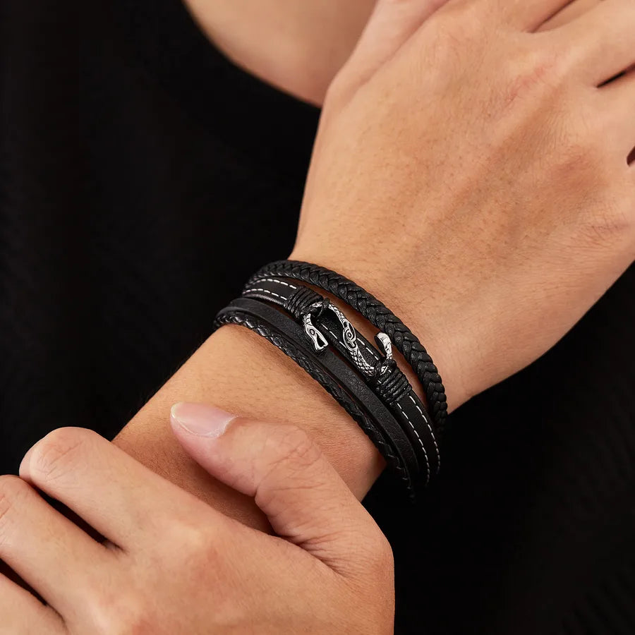 OPK Ornament   Hot Sale Leather Bracelet Stainless Steel Creative Snake Accessories Multi-Layer Woven Leather Bracelet