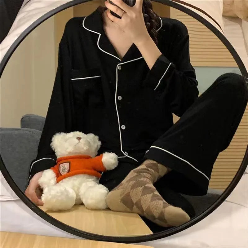 Spring Autumn Women's Long Sleeve Thin Casual Comfortable Home Clothes Set Polyester Milk Silk Medium Weight Sleepwear