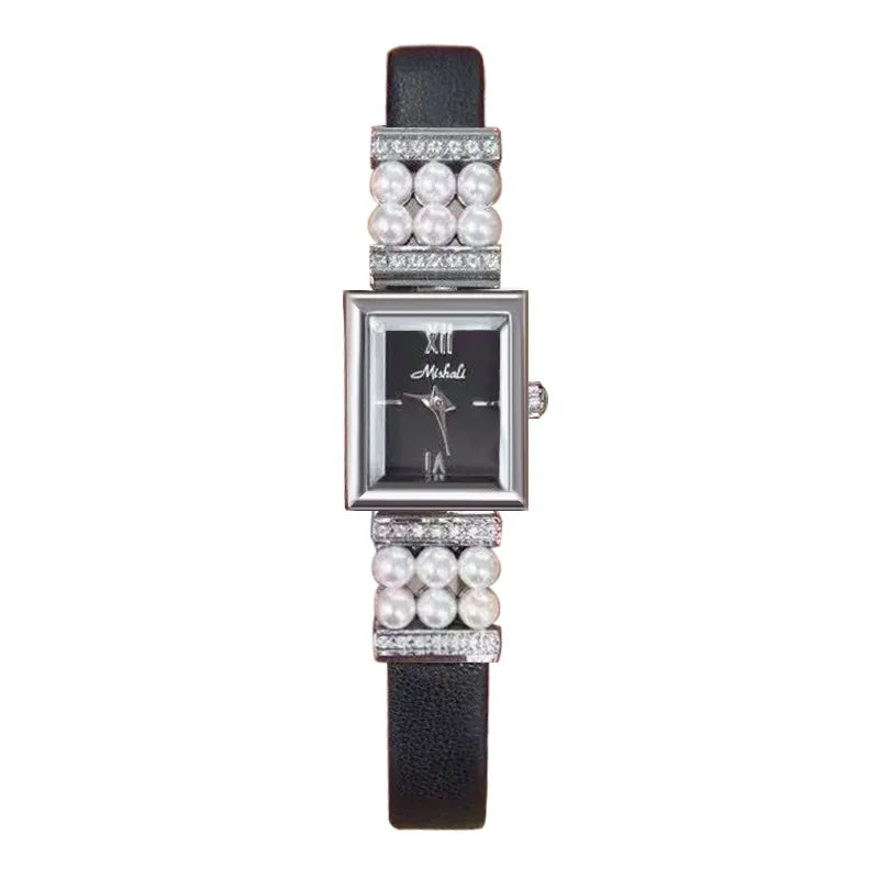 Luxurious Pearl Women's Watch Genuine Leather Strap Quartz Movement Square Face Fashionable Minimalist Design New  Model