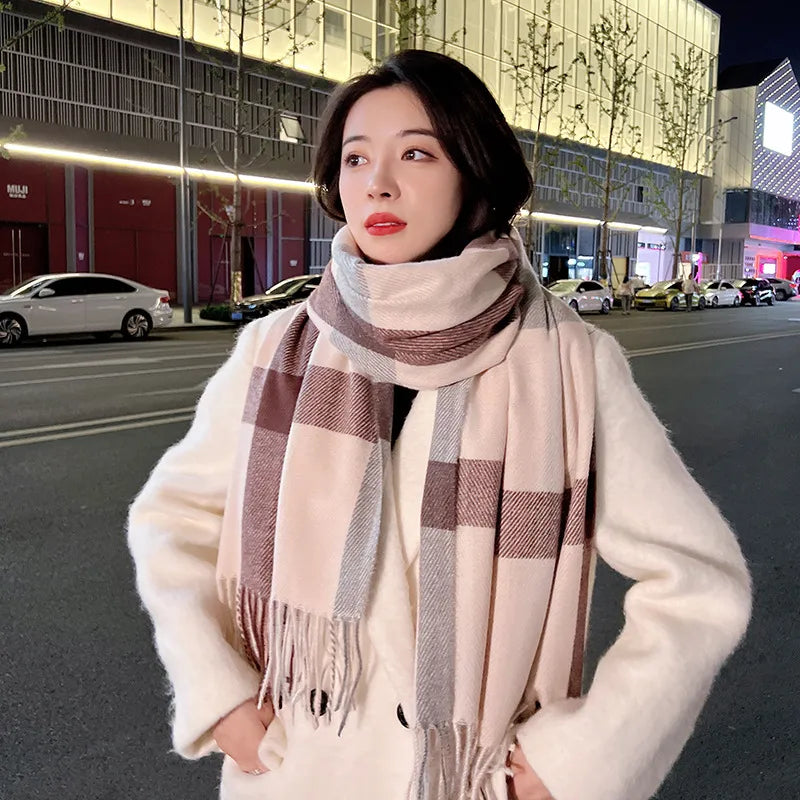 women's fashion plaid imitation cashmere tassel winter scarves