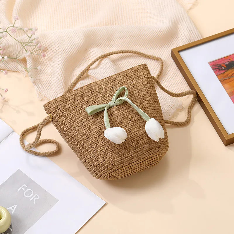 Summer Beach Seaside Tulip Straw Woven Bag  New Children Flower Straw Bag Mobile Phone Crossbody Bag