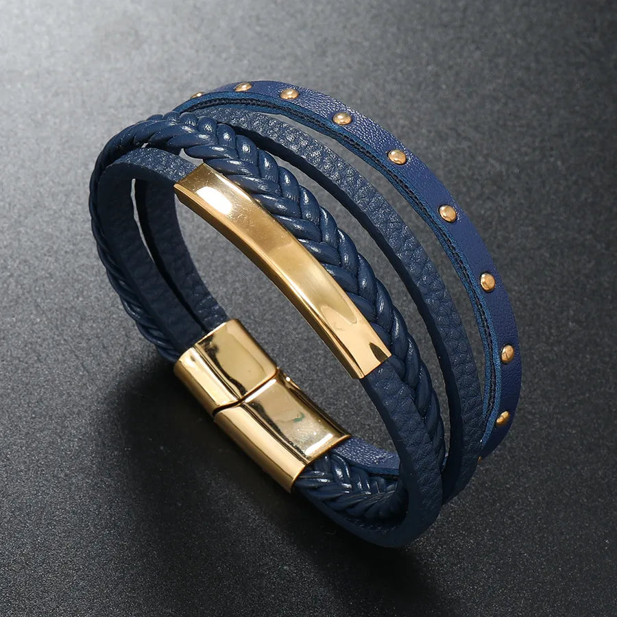 Retro Solid Color Stainless Steel Pu Leather Unisex Bracelets
