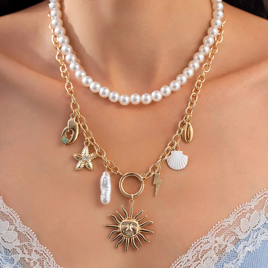 Hawaiian Starfish Imitation Pearl Alloy Copper Beaded Chain Beaded Necklaces Wholesale