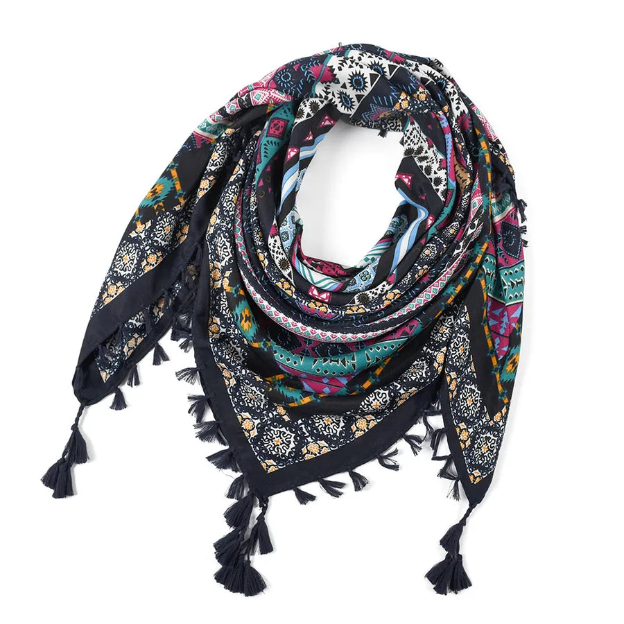 designed  Bohemian Women Scarf Ethnic Style Knot Tassel Scarf Jacquard Large Square