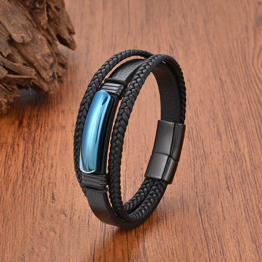 Vintage Style Geometric Leather rope Stone Metal Layered Magnetic Men's Bracelets