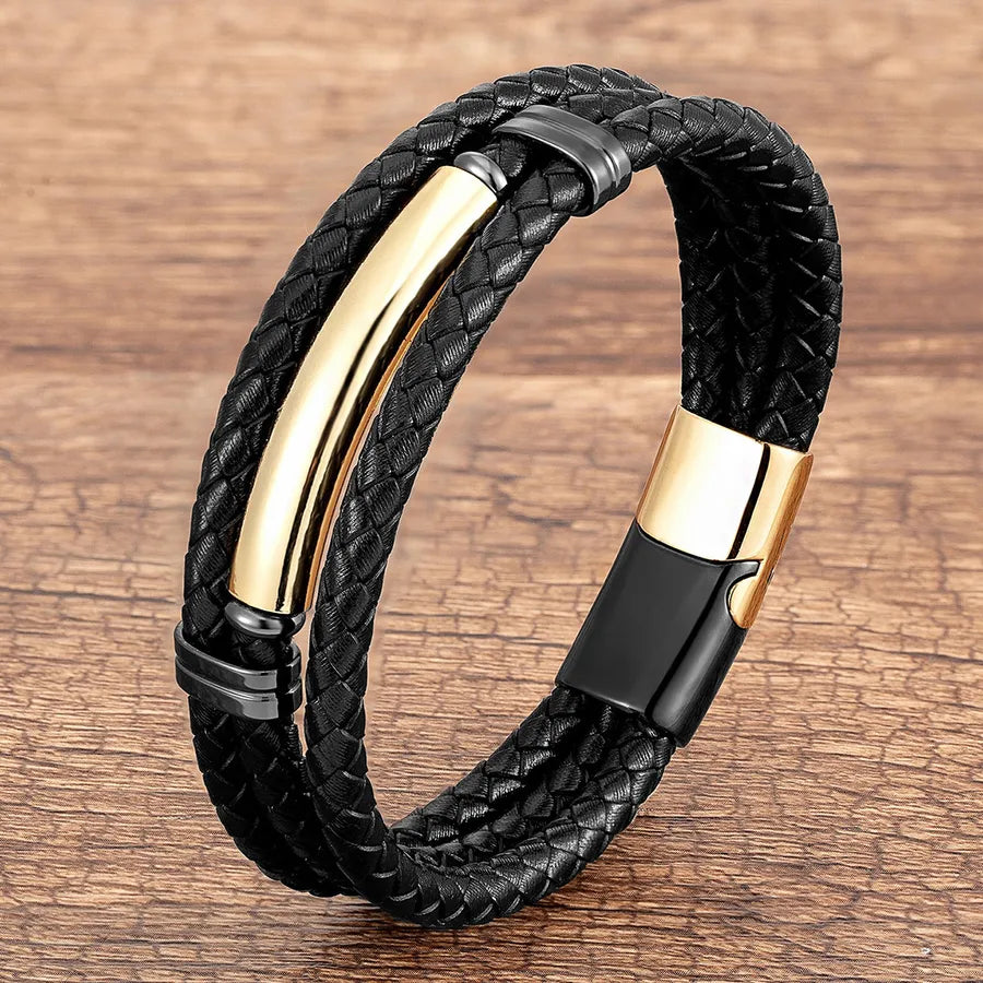 punk modern style geometric stainless steel pu leather men's bracelets