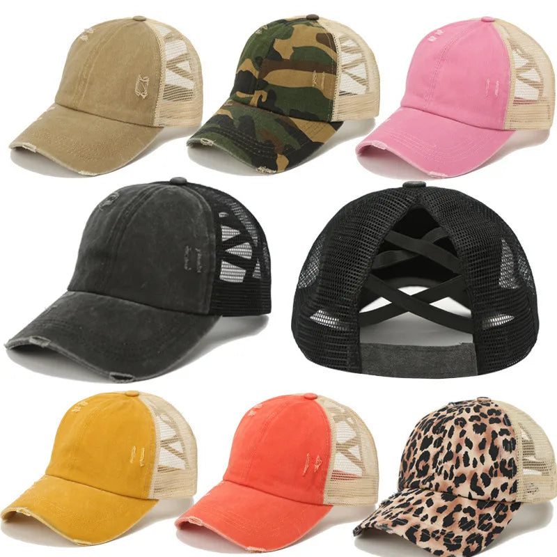New Washed Retro Pure Color Mesh Hat Cross Design Sun Protection Baseball Cap Spring Autumn Season Unisex Hat