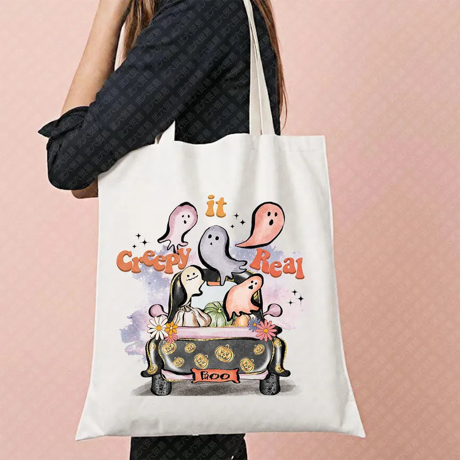 Halloween Witch Pattern Canvas Tote Bag Reusable Shopping Bag For Commuting Traveling Women Large Square Fashionable Bag