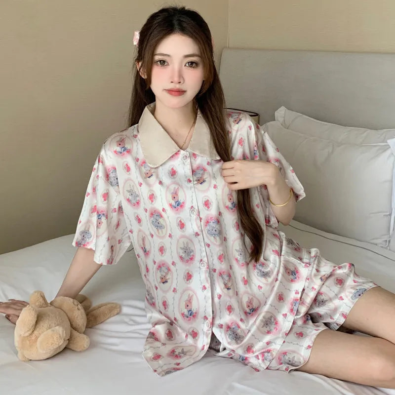Elegant Ice Silk Sleepwear Women's Summer Butterfly Print Short Sleeve Home Clothes Set Can Be Worn Outside Breathable Casual