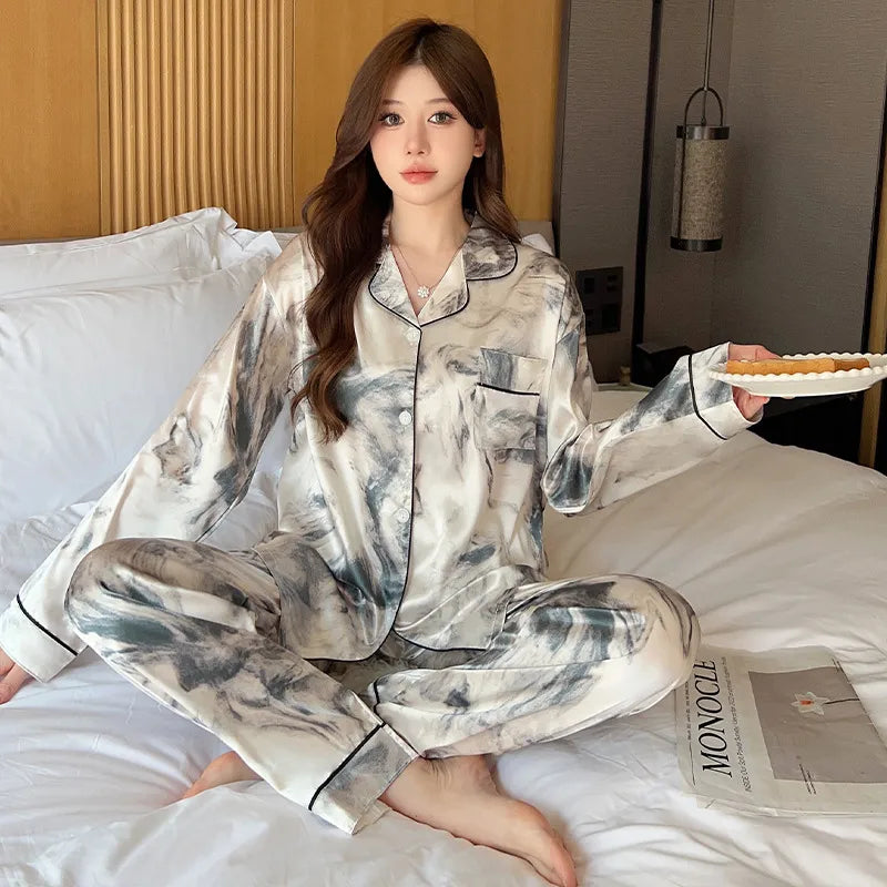Pure Color Lace Splice Smooth Ice Silk Sleepwear Set Women Long Sleeve Long Pants Two Piece Set High-End Sensation Home Clothes