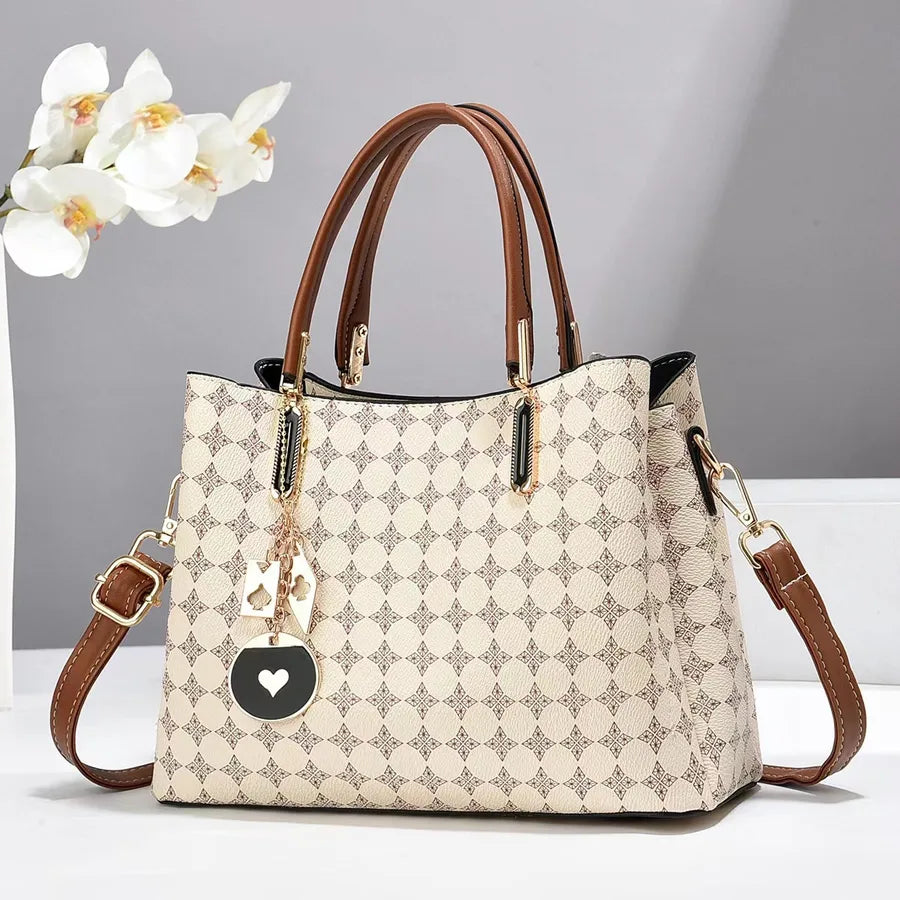 Women's Pu Leather Monogram Classic Style Sewing Thread Bucket Zipper Handbag