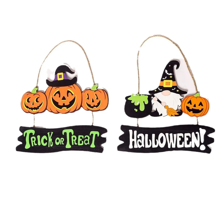 New Halloween Wooden Happy Face Pumpkin Door Plate Cartoon Gnome Door Hanging Home Party Decoration Props Halloween Themed