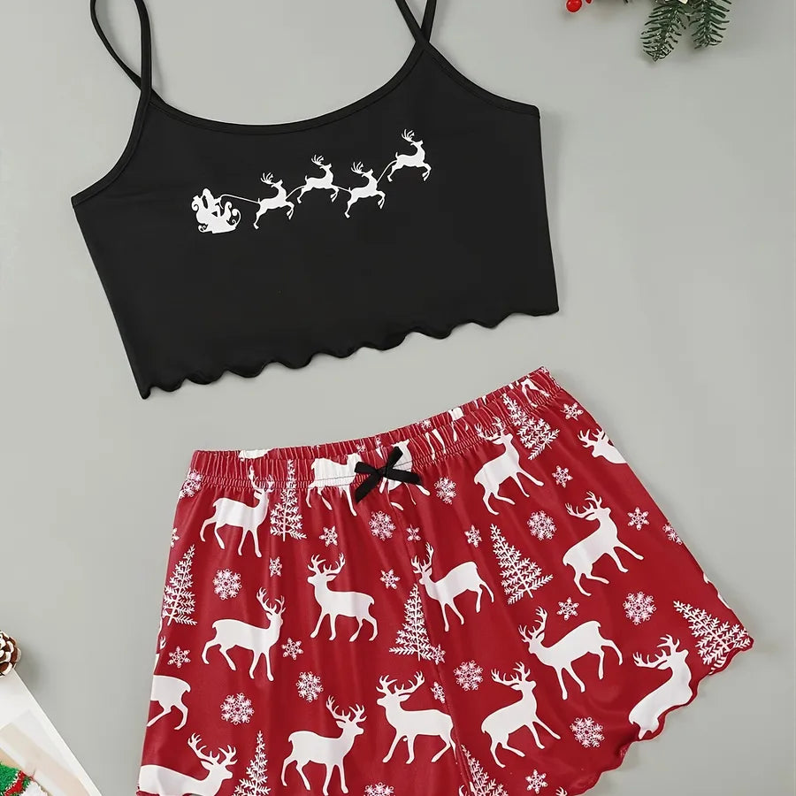 Home Festival Women's Christmas Printing Polyester Milk Fiber Printing Shorts Sets Pajama Sets