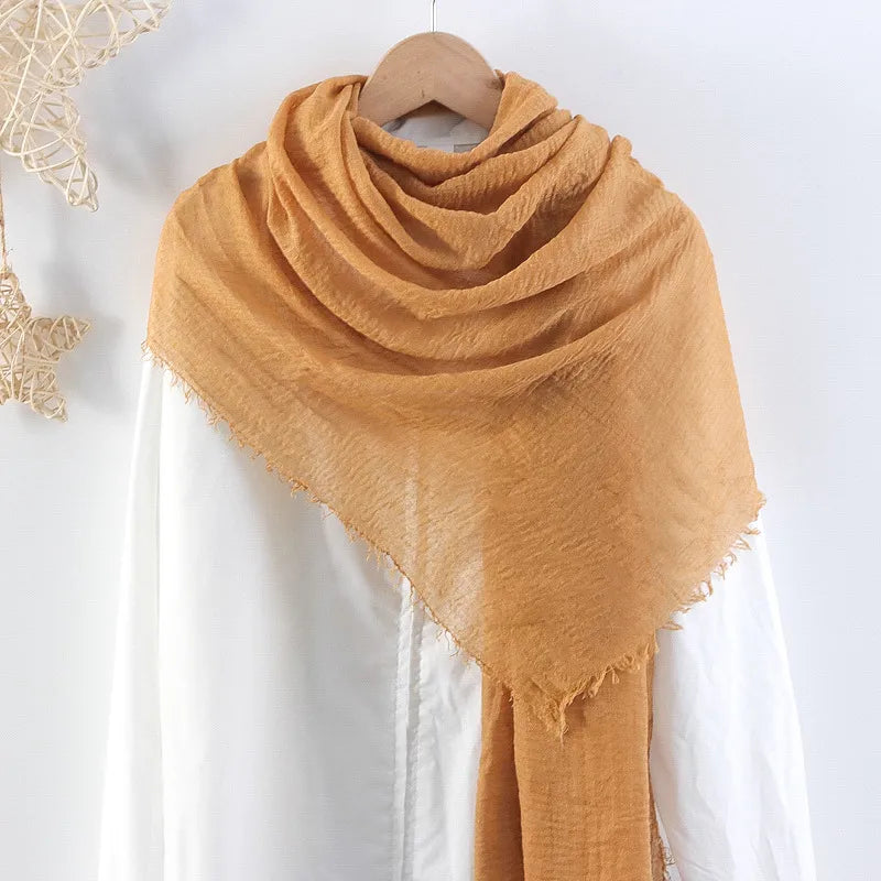 Hot selling solid color pleated cotton and linen scarf  women's bag headscarf crumpled hair fringe bubble scarf women's scarf cover head