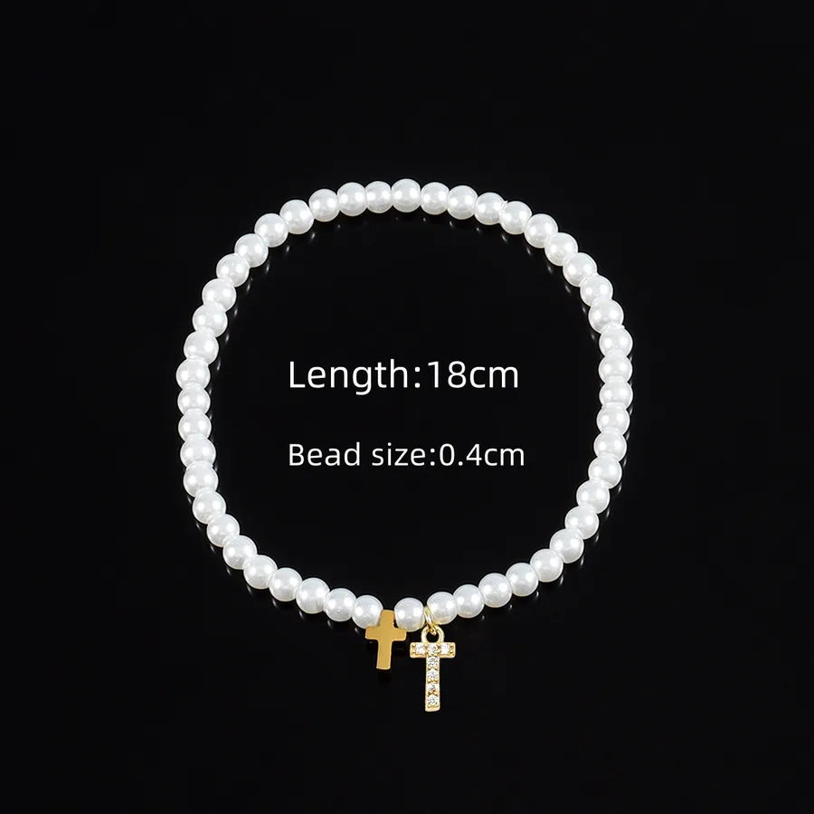 Elegant Vintage Style Classic Style Cross Letter 304 Stainless Steel Artificial Pearl Copper Beaded Chain Beaded Bracelets Wholesale