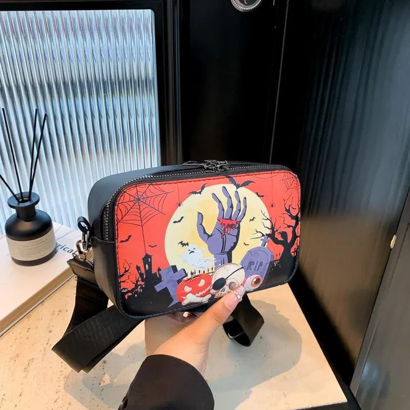 Halloween Women's Pu Leather Pumpkin Letter Ghost Streetwear Square Zipper Shoulder Bag Crossbody Bag