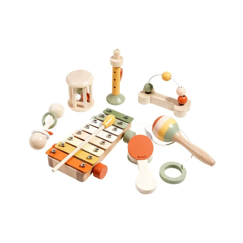 Wooden Rattles Set Baby Early Education Intelligence Training Toys Gripping Practice Orff Instruments Soothing Playthings
