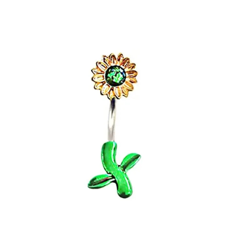 elegant sunflower maple leaf stainless steel alloy copper epoxy inlay rhinestones white gold plated gold plated belly ring