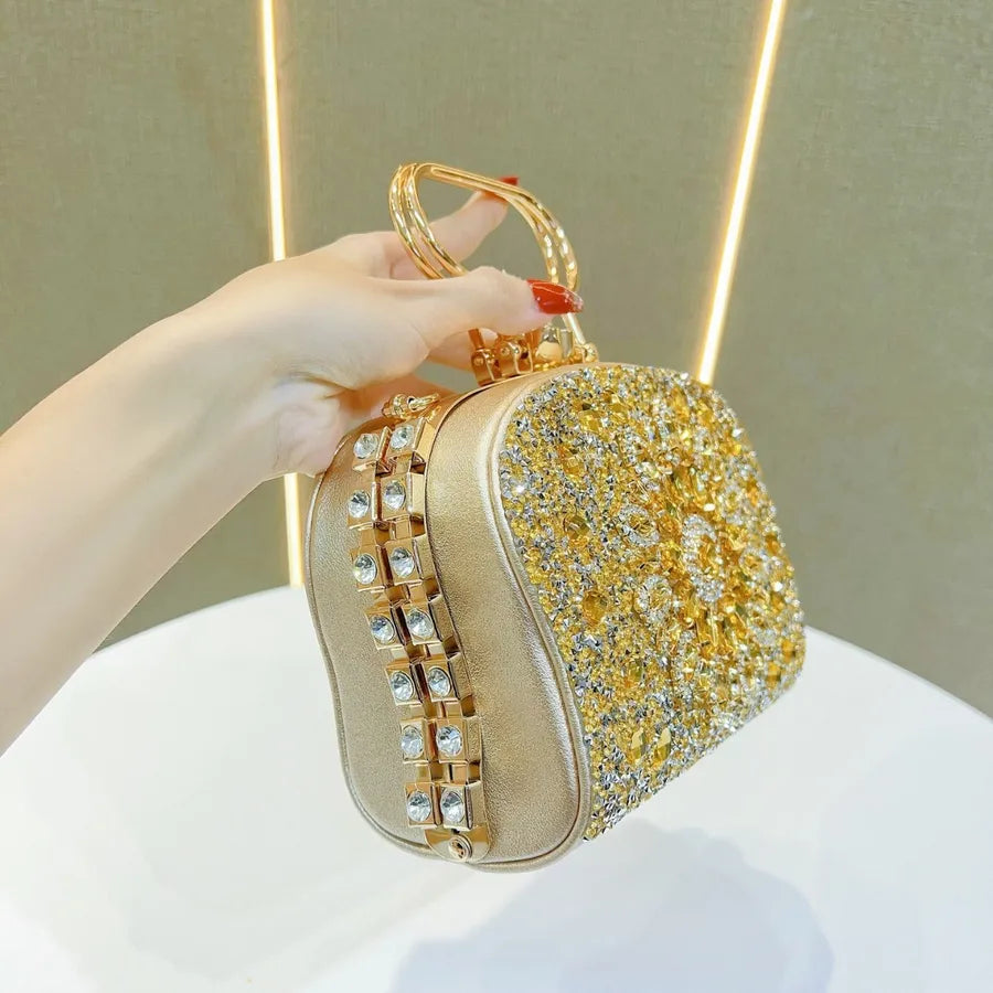 New Fashion Diamond Embedded Handbag Single Shoulder Crossbody Evening Party Banquet Bag Sparkling PU Box Shape Handbag