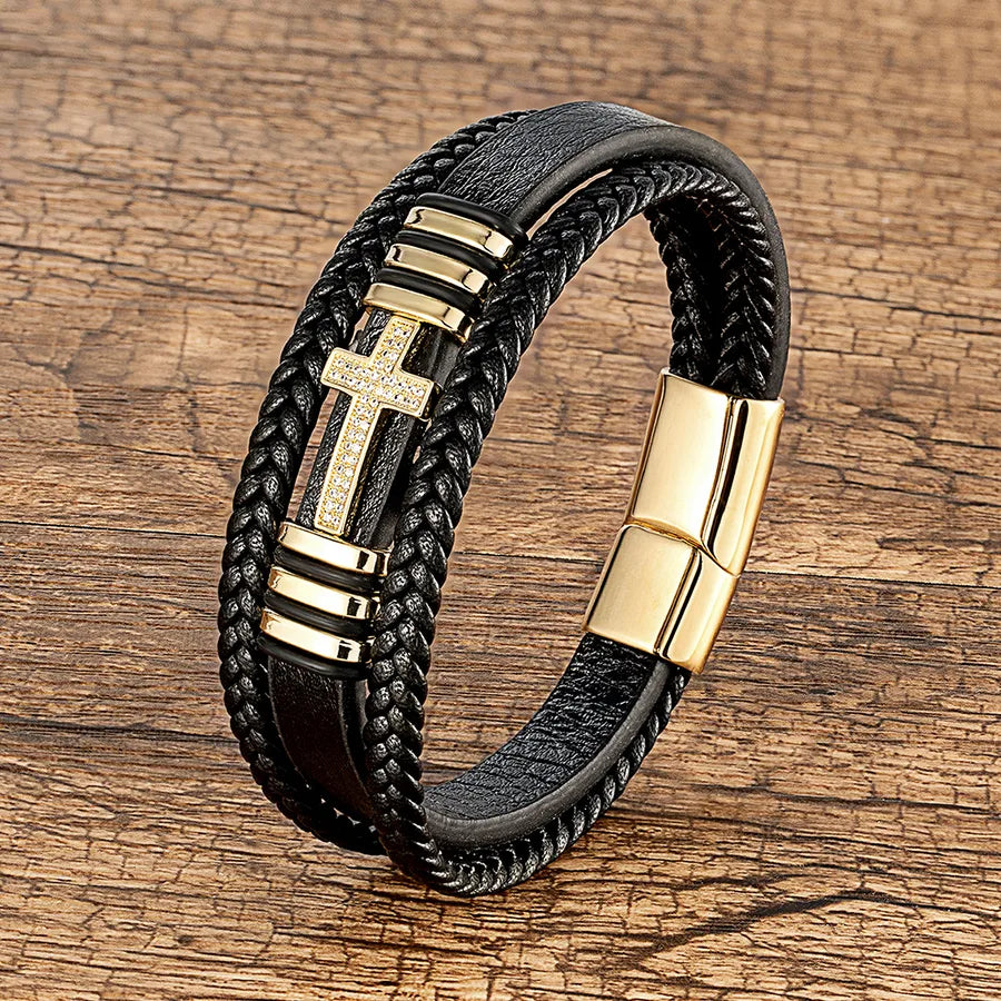 hip-hop retro cross metal plating inlay rhinestones men's bracelets