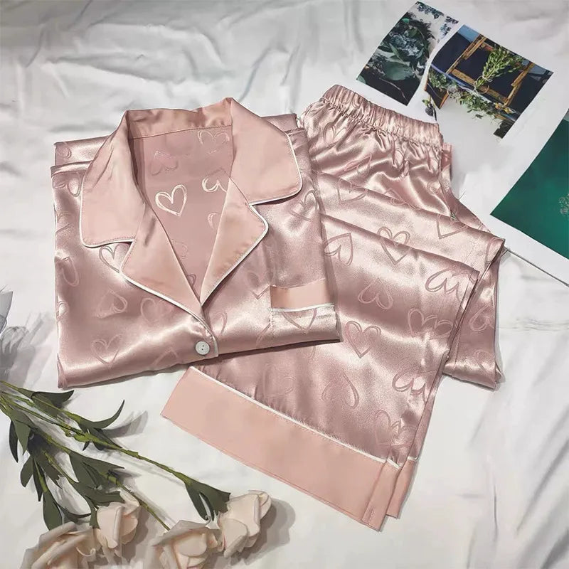 Pure Color Lace Splice Smooth Ice Silk Sleepwear Set Women Long Sleeve Long Pants Two Piece Set High-End Sensation Home Clothes