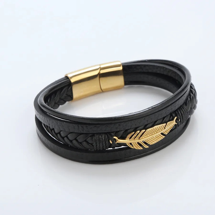 hip-hop rock leaves stainless steel pu leather handmade men's bracelets