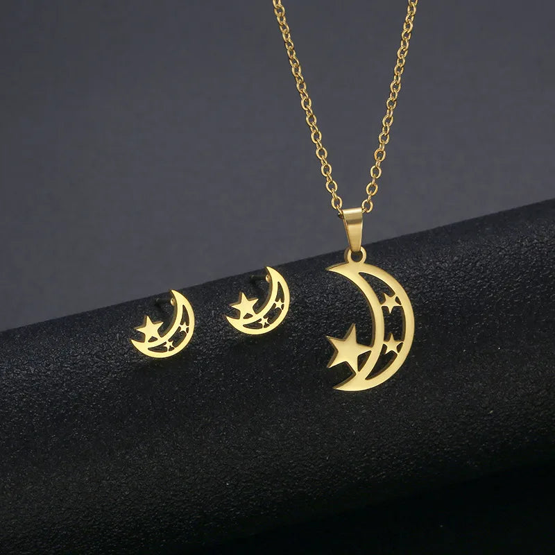 Wholesale Jewelry IG Style Casual Streetwear Moon Hand Of Fatima Butterfly 201 Stainless Steel cable chain Small Stud Earrings Necklace