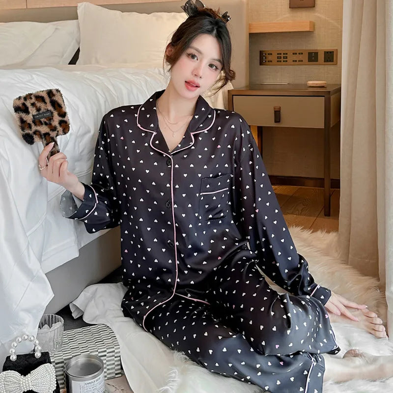 Pure Color Lace Splice Smooth Ice Silk Sleepwear Set Women Long Sleeve Long Pants Two Piece Set High-End Sensation Home Clothes
