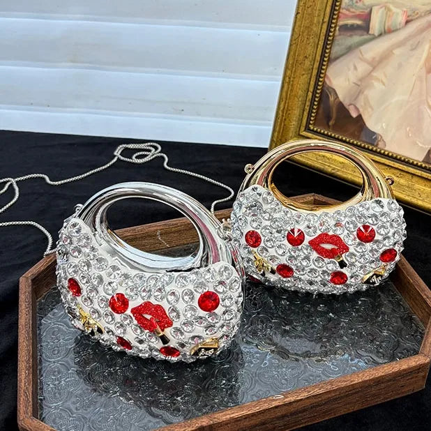 Mini Exquisite Shiny Diamond-encrusted Sexy Lips Flower Acrylic Moon Simple All-match Niche Hand Crossbody Bag