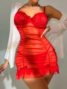 women's solid color pleated see-through sheer bra sexy lingerie pajamas