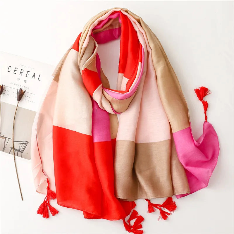 women's fashion color block polyester silk scarves