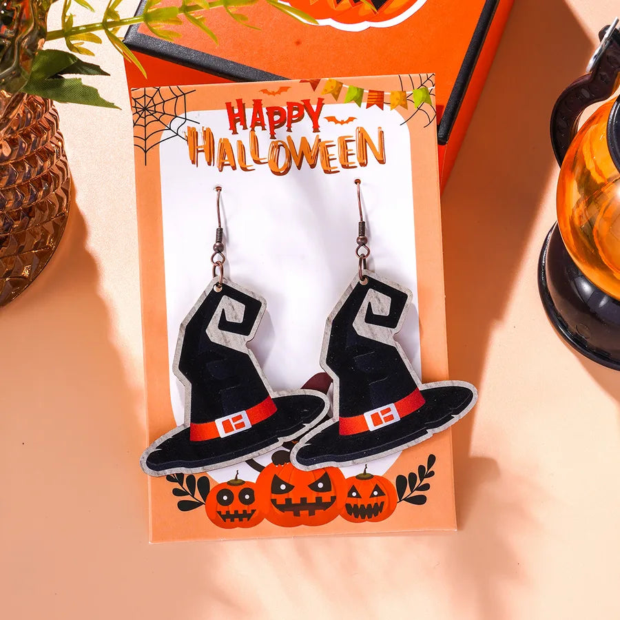 Creative Halloween Theme Wooden Pumpkin Spider Cat Earrings Quirky Cartoon Style Women's Simple Design Dangle Stud Earrings