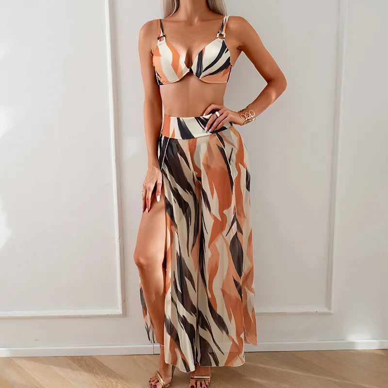 women's lady sexy printing leopard 3 pieces set bikinis swimwear