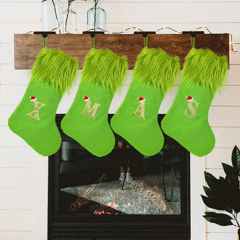 Christmas Decorations Knitted Plush Christmas Socks Letter Patterned Gift Bag Green Velvet Stockings Festive European Style