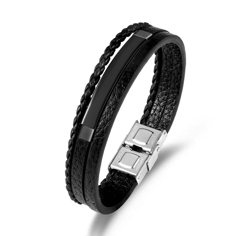 Simple Style Solid Color 304 Stainless Steel Pu Leather Plating Men's Bangle Men Cord & Leather Bracelets